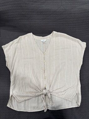 Time and Tru Beige Striped Tie-Front V-Neck Button Top